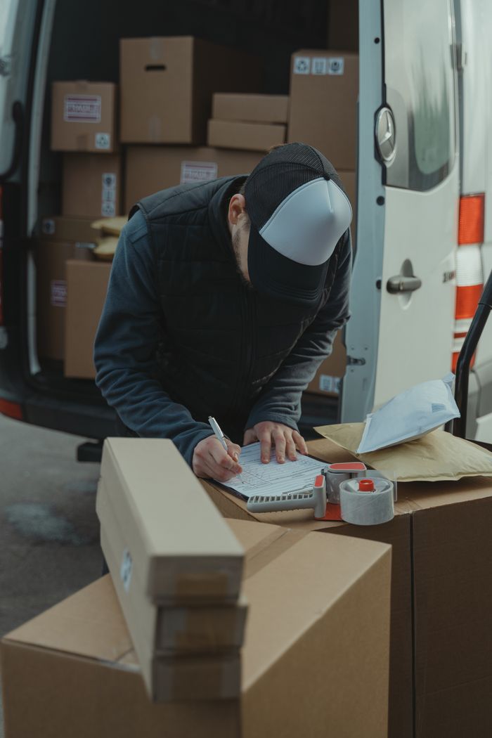 Contact Courier organizing packages from a van, preparing for delivery in a logistics setting.